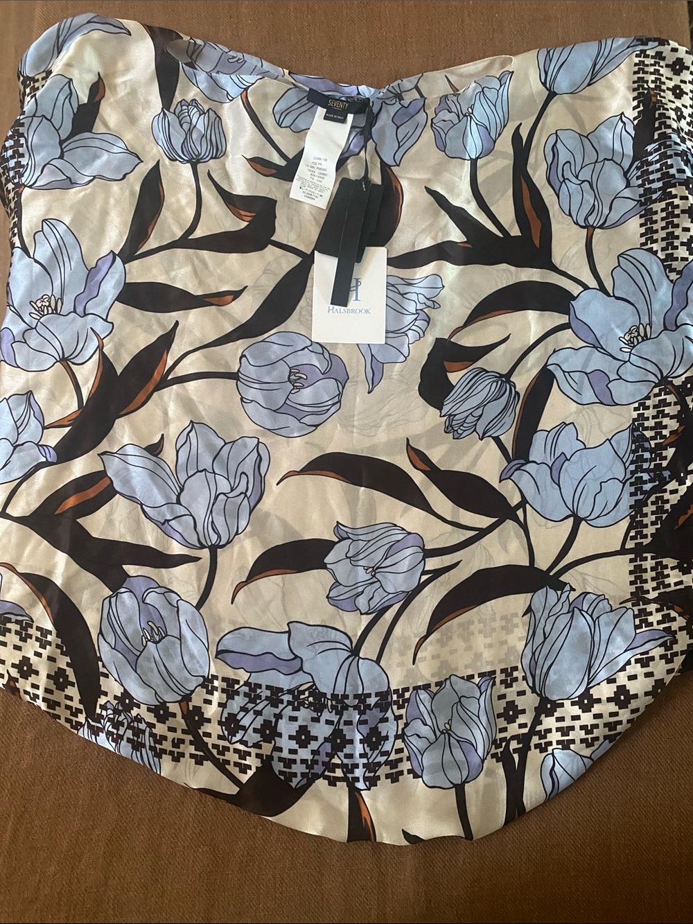 Halston Heritage Blue Floral Silk Top with Cream Background